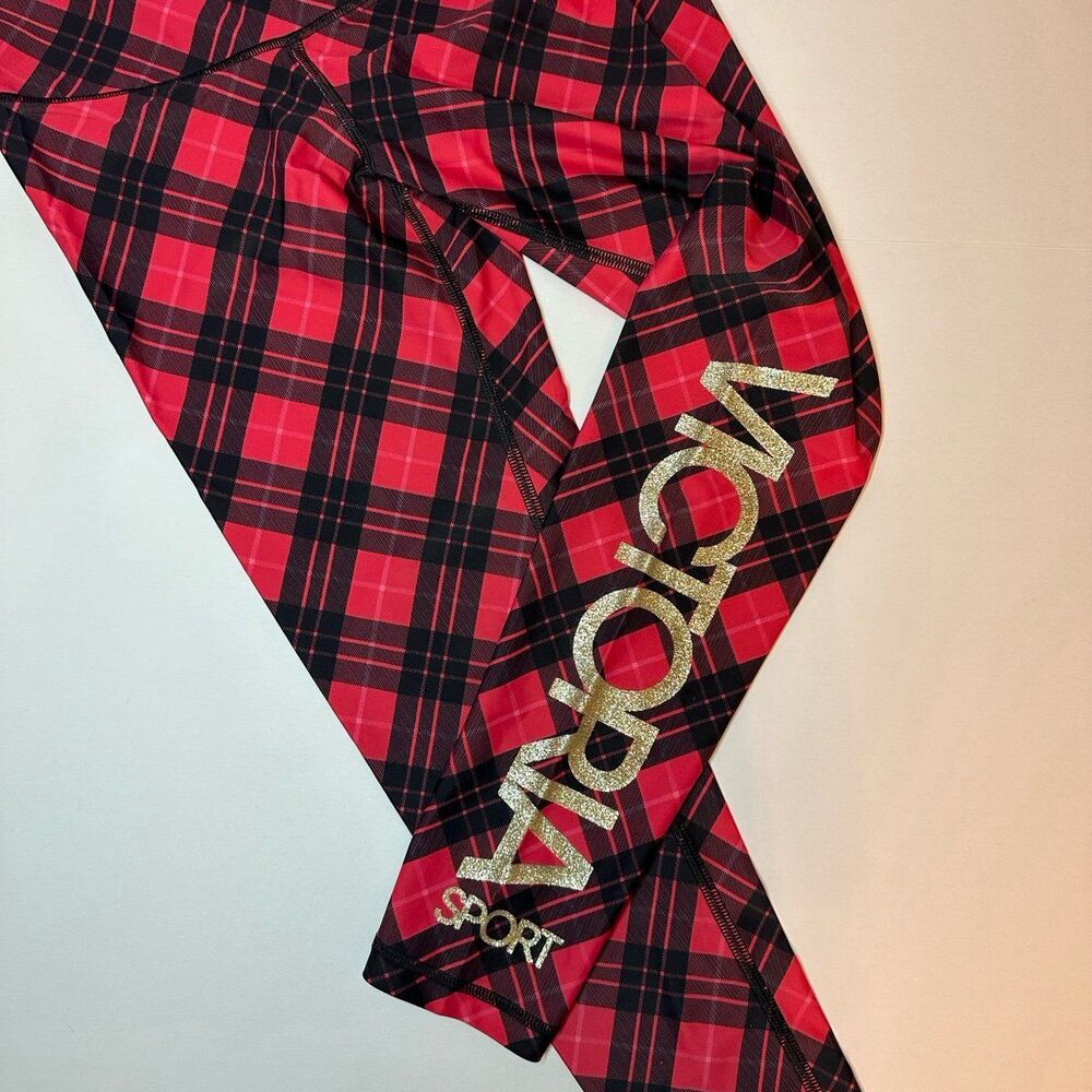 VICTORIA'S SECRET SPORT HIGH RISE HOLIDAY PLAID & GOLD GLITTER CROPPED PANTS